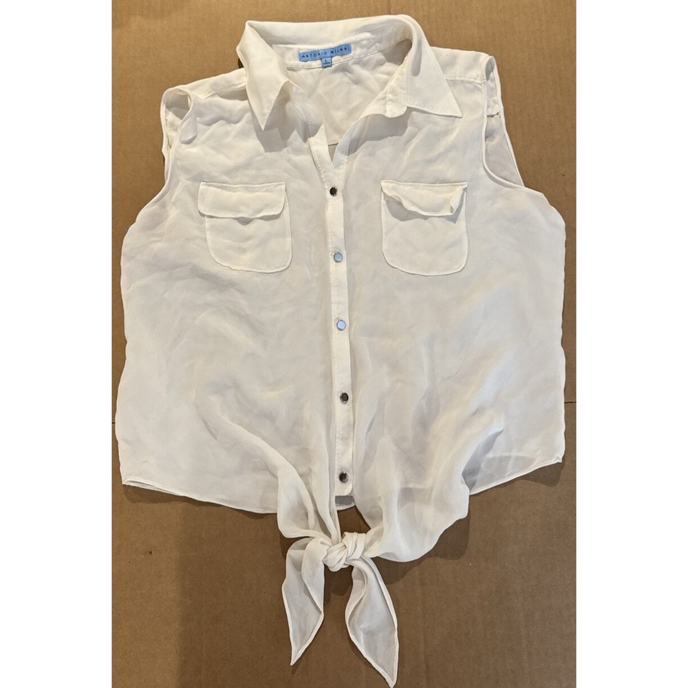 Antonio Melani Sleeveless Button Up  Blouse Cream  Tie Waist Silk Women's Large